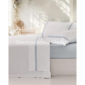 JUEGO SÁBANAS ALGODÓN PERCAL BLANCO-AZUL - Imagen 1