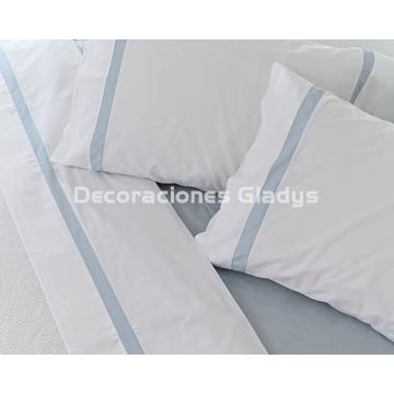JUEGO SÁBANAS ALGODÓN PERCAL BLANCO-AZUL - Imagen 2