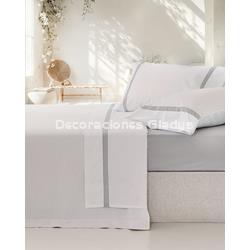 JUEGO SÁBANAS  ALGODÓN PERCAL  BLANCO-GRIS - Imagen 1