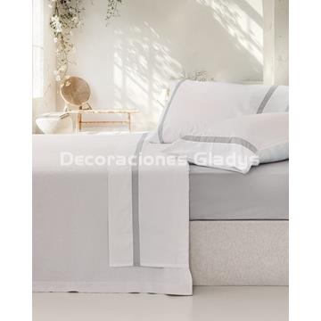 JUEGO SÁBANAS  ALGODÓN PERCAL  BLANCO-GRIS - Imagen 1