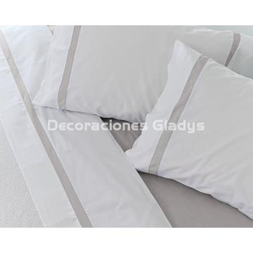 JUEGO SÁBANAS  ALGODÓN PERCAL  BLANCO-GRIS - Imagen 2