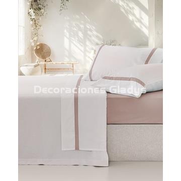 JUEGO SÁBANAS ALGODÓN PERCAL BLANCO-ROSA - Imagen 1