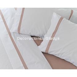 JUEGO SÁBANAS ALGODÓN PERCAL BLANCO-ROSA - Imagen 2