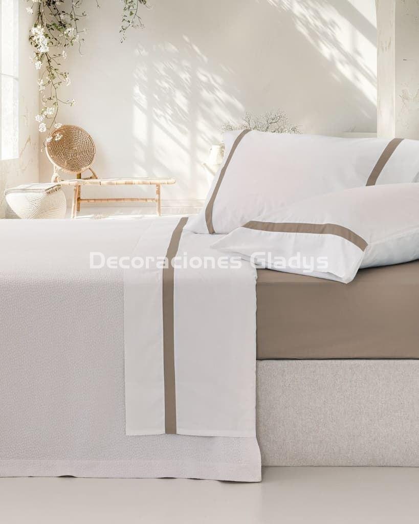 JUEGO SÁBANAS ALGODÓN PERCAL BLANCO-TAUPE - Imagen 1