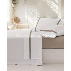 JUEGO SÁBANAS ALGODÓN PERCAL BLANCO-TAUPE - Imagen 1
