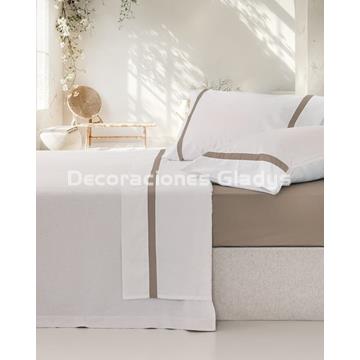 JUEGO SÁBANAS ALGODÓN PERCAL BLANCO-TAUPE - Imagen 1