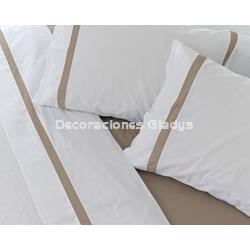 JUEGO SÁBANAS ALGODÓN PERCAL BLANCO-TAUPE - Imagen 2