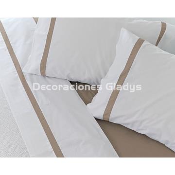 JUEGO SÁBANAS ALGODÓN PERCAL BLANCO-TAUPE - Imagen 2