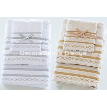 JUEGO TOALLAS RAYAS PUNTILLA - Imagen 1