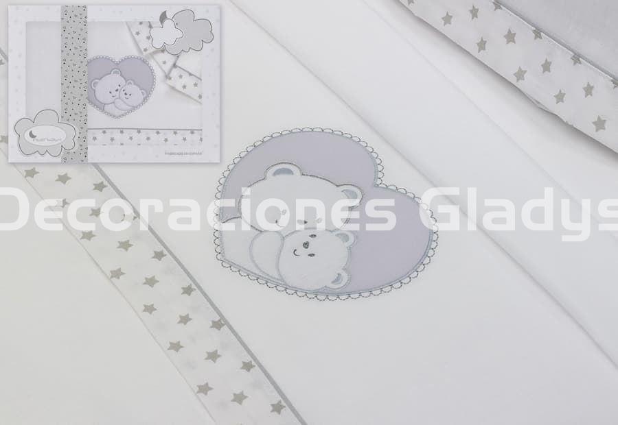 Sábanas Minicuna, coralina blanca gris, oso en luna, 3 piezas